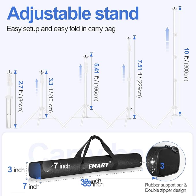 EMART Backdrop Stand 10x10ft(WxH) Photo Studio Adjustable Background Stand Support kit with 2 Crossbars, 8 Clamps, 2 Sandbags and Carry Bag for Parties, Events Decoration, Wedding, Photography -White