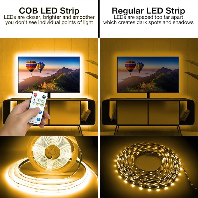 DAYBETTER COB LED Strip Light,LED Lights 32.8ft,Warm White 3000K Dotless Strip Lights,3200 LEDs Super Bright Dimmable 24V Flexible Tape Lights with Remote and App,for Bedroom,Kitchen,Cabinets Lighting