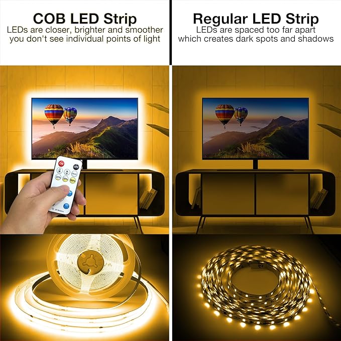 DAYBETTER COB LED Strip Light,LED Lights for Bedroom 16.4ft,Warm White 3000K Dotless LED Light Strip,1600 LEDs Super Bright Dimmable 24V Flexible Tape Lights with Remote,Kitchen,Cabinets Lighting