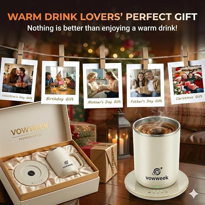 Self Heated Stirring Mugs Set of 2, 10oz Coffee Cups Warmer, Green & Brown | 304 stainless steel interior. Includes 3 heat settings, 8H auto shut-off, plug-in base for home office desk