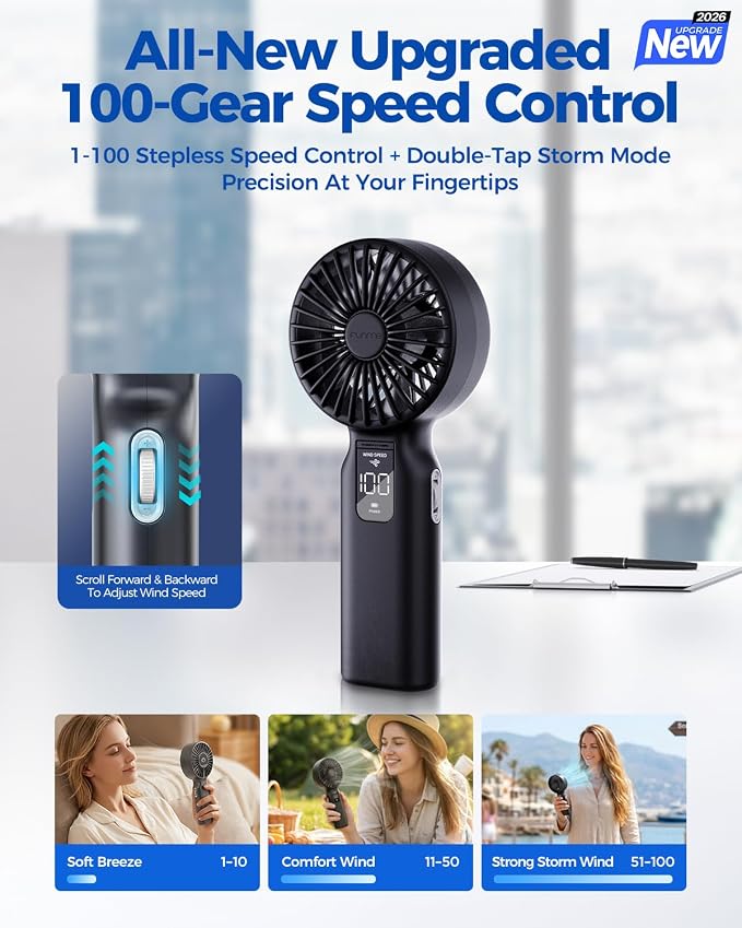 Funme Portable Handheld Fan, 100 Speed Scroll Wheel Control with Boost Mode, 23H Max Cooling, 4000mAh Rechargeable Personal Fan, LED Display, Quiet/Lightweight for Travel Concerts Makeup Office-Black