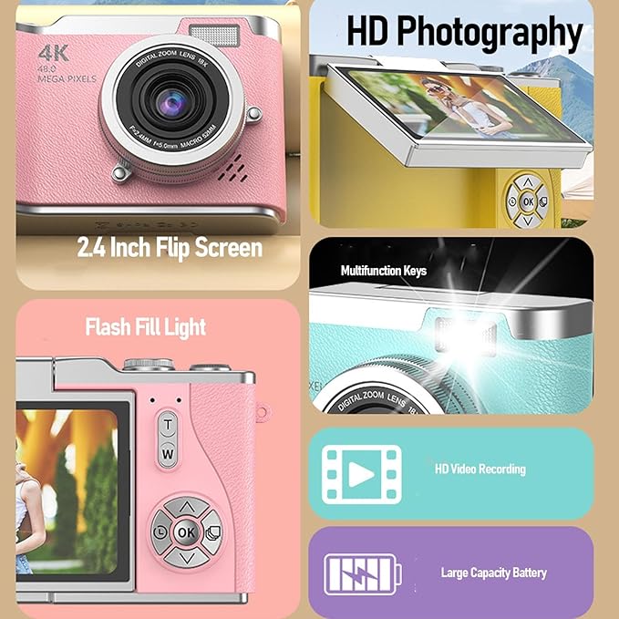 Digital Camera, 1080P HD 48MP Digital Point & Shoot Camera with 2.4 Inch HD Flip Screen, Built in LED Fill Light, 8X Digital Zoom, for Teens Students (Green)