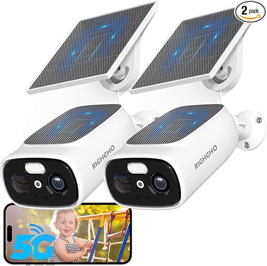 2pc 2.4G/5G WiFi Cameras for Home Security with Double Solar Panels, 2K Solar Security Cameras Wireless Outdoor, Color Night Vision , 2-Way Talk, Spotlight, Siren,IP66, Cloud/SD, AI Detection, W/Alexa