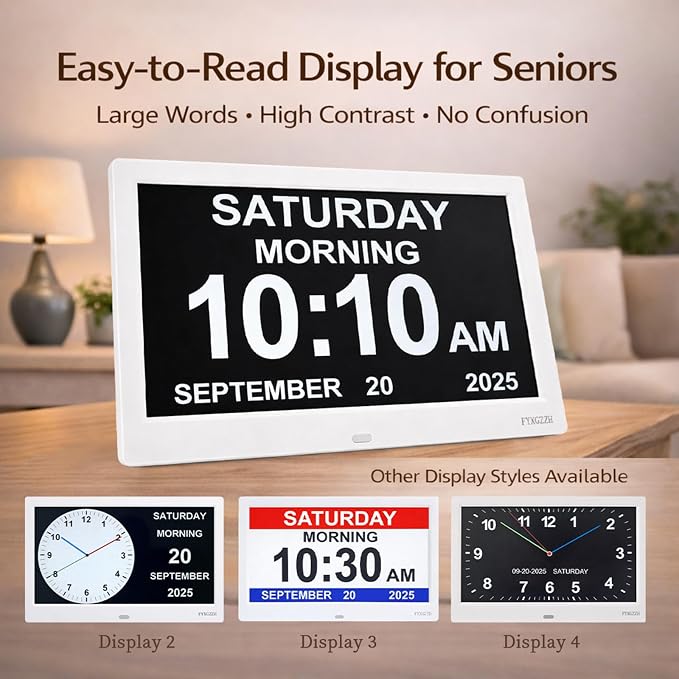 11.5'' Dementia Clocks for Seniors Extra Large, Senior Clocks with Day Date and Time, 20 Alarm Reminders, Easy-to-Read, Simple Setup, Plug-in, DST, White