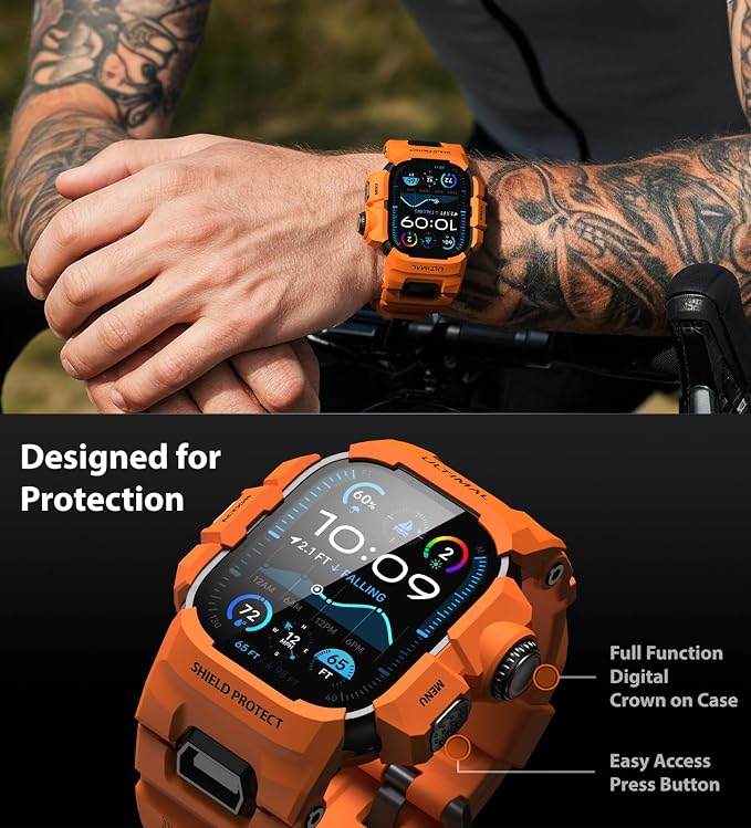ULTIMAL Rugged Case with Band for Apple Watch 49mm,Compatible with Apple Watch Ultra 3/2/1, Military Grade Shockproof Bumper Cover for iWatch Tactical Band Men (49mm,Orange)
