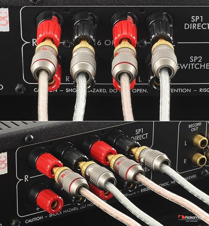 Nakamichi FanLock Excel Series 24k Gold Plated BFA Banana Plug 10 AWG - 18 AWG Gauge Size 4mm for Speakers Amplifier Hi-Fi Stereo Home Theatre Radio Audio Wire Cable Quick Connector, 8 Pcs (4-Pairs)