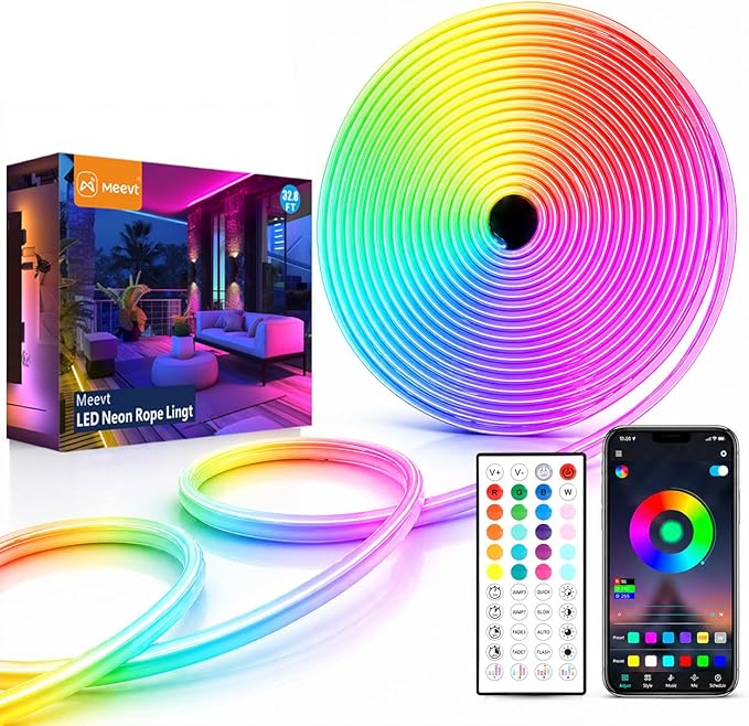 32.8Ft RGB Neon Rope Lights, 720 LEDs 24V Side-Emitting LED Strip Lights with App and Remote Control, 360° Bendable Flexible DIY Neon Sign Lights with Music Sync for Bedroom, Patio, Gaming Room