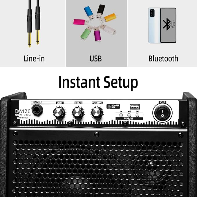 Coolmusic DM20 20W Bluetooth Personal Monitor Amplifier Electric Drum Amplifier Speaker,Keyboard Speaker with USB Interface(Including E-Drum Noise-Reduction Cable) (Black)