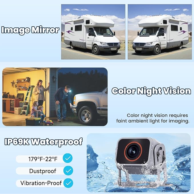 4-Camera Wired Backup Camera System for Truck & RV, 10.1" 1080P Quad Split Monitor, DVR Recording, Night Vision, Waterproof Vibration-Proof for Trailer, Tractor & Heavy Equipment