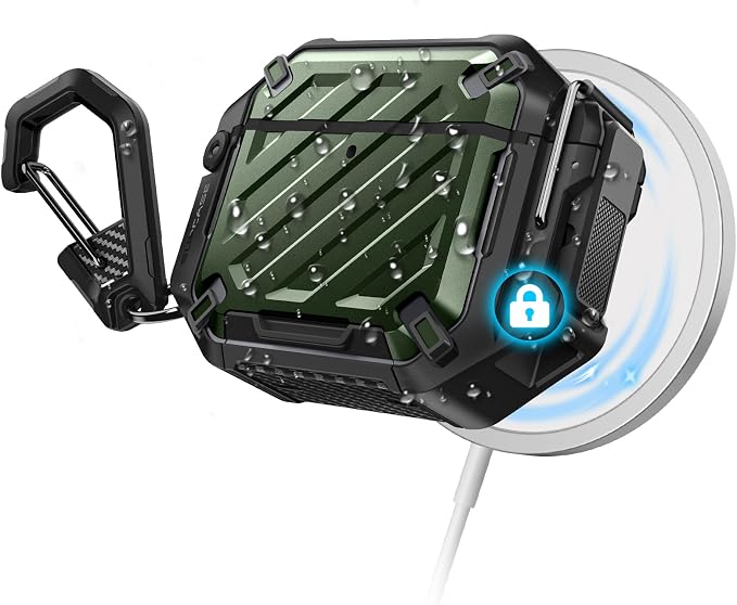 SUPCASE for AirPods 4 Case with Lock & Carabiner, IP68 Waterproof, Compatible with MagSafe, Military-Grade Protection Anti-Scratch Hard Shell Cover for AirPods 4th Generation 2024, Guldan