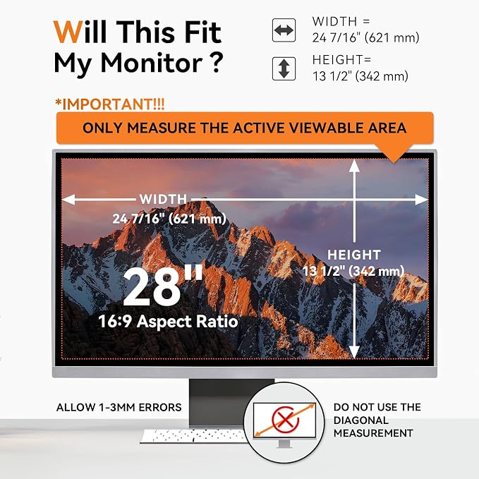 [2 Pack] 28 Inch Computer Privacy Screen for 16:9 Aspect Ratio Widescreen Monitor, Eye Protection Anti Glare Blue Light Computer Monitor Privacy Filter, Removable Anti-Scratch 28in Protector Film