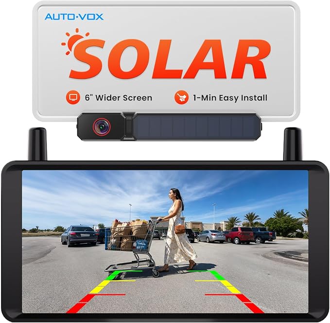 AUTO-VOX Solar Wireless Backup Camera: No Drilling 1-Min Quick Install, Dual Antenna for Smooth Live View, 6" 1080P Screen with Color Night Vision, Long Battery & Solar Recharge for Car Truck Trailer