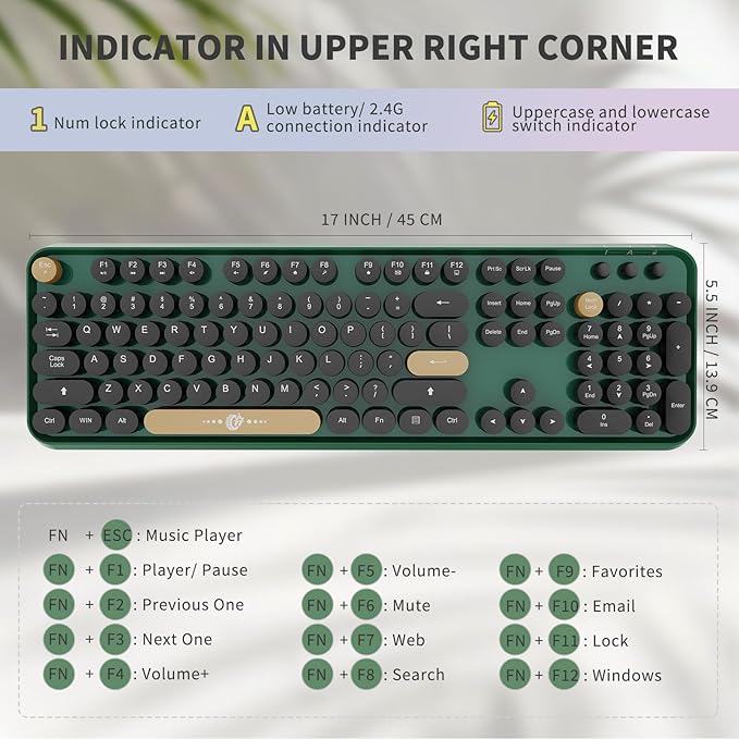 Wireless Keyboard and Mouse Combo Cute Colorful Keyboard and Mouse, Retro Typewriter Keyboard with 2.4GHz Plug & Play, for Windows 11/10/7, Laptop, PC (Dark Green)