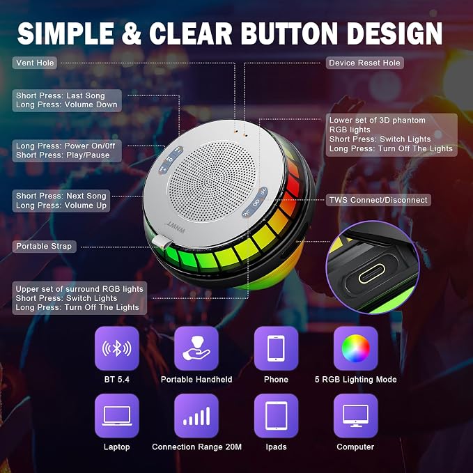 Floating Speaker for Pool, IPX7 Waterproof Floating Hot Tub Speaker with Colorful Lights, 12W Stereo Loud Sound, TWS, Portable, Wireless Party Gifts for Shower, Spa, Beach