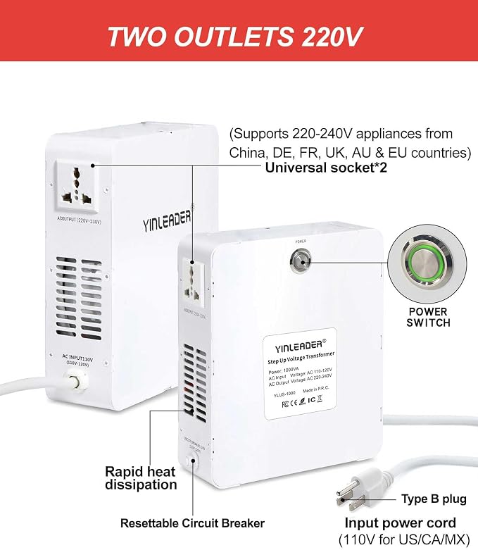 Yinleader Voltage Converter 120V to 240V OR 110V to 220V Step Up Transformer Using 220/230/240 Volt European Asian China Small Appliances in US (1000W)
