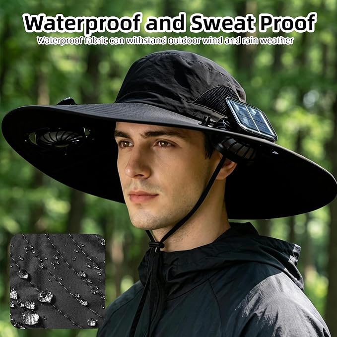 Solar Fan Hat, Wide Brim Hat with 2 Removable Fans Solar Power, Sun Bucket Fishing Hat for Men Women Outdoor Hiking Camping Gardening, UPF 50+ Sun Protection Waterproof Black