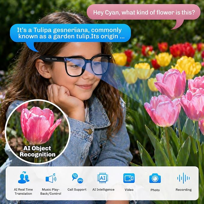 AI Smart Glasses with Camera, 4K HD Video & Photo Capture, Real-Time Translation, Recording Glasses with AI Assistant, Open-Ear Audio, Object Recognition, Bluetooth, for Travel (Transparent Lens)