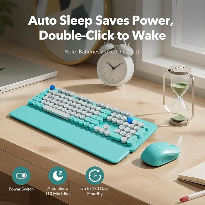 Wireless Keyboard and Mouse Combo with Detachable Magnetic Wrist Rest, Retro Typewriter-Style Keyboard, Round Keycaps, Adjustable Legs, 3-Level DPI Mouse, 2.4GHz for Windows PC/Laptop (Turquoise Blue)