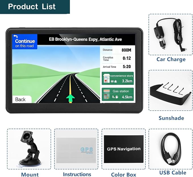 Car GPS Navigation, 7 inch Touch Screen with 2026 Map, Voice Turn Direction Guidance, Support Speed and Red Light Warning, Pre-Installed North America Lifetime Map Free Update