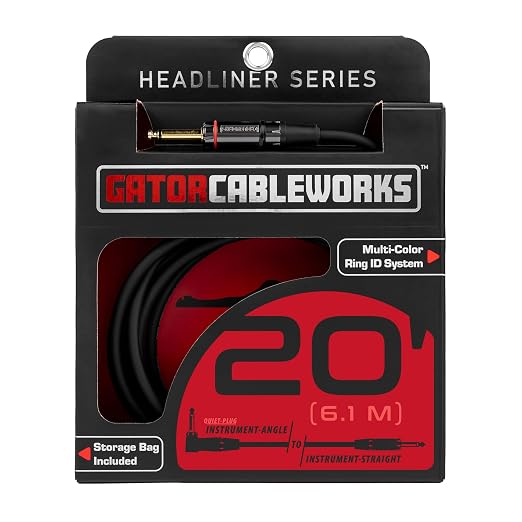 Cableworks by Gator Cases Headliner Series Premium 20 Ft Straight to Right Angle Guitar Instrument Cable with Quiet Switch Technology (GCWH-INS-20RAQT)