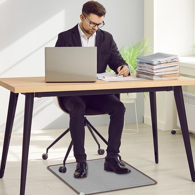 QOUBAI PVC 110V Heated Floor Mat Heater for Foot Warmer Under Desk 22 x 20 Inch Electric Heating Pad Energy Saving Carpet Pad Indoor Floor Heated Rug for Home Office Bathroom House Gray
