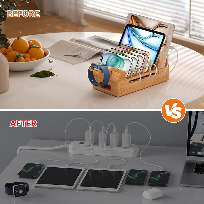 Bamboo Charging Station with Watch Stand, Docking Holder for Multi Device with 5 Charge Cables, Desktop Dock Stations Electronic Organizer for Cellphone, Tablet, Watch(No USB Charger)-Natural Bamboo