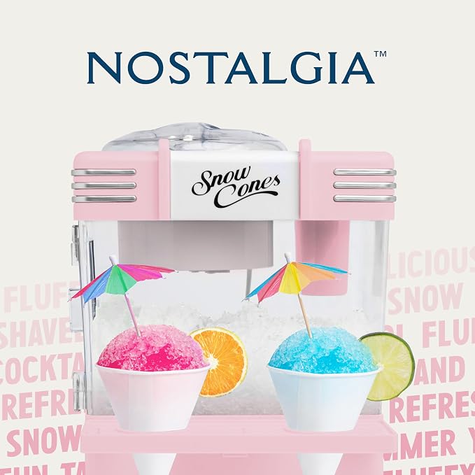 Nostalgia Retro Snow Cone Maker – Countertop 5-qt Shaved Ice Machine – Stainless Steel Blades – Includes 2 Reusable Cups, Ice Scoop, & Sid Shelf – Pink