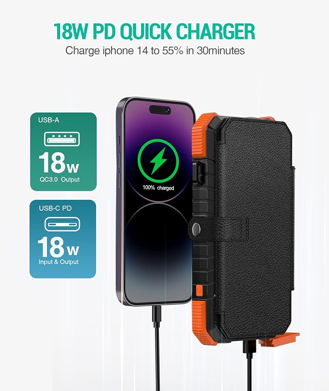 BLAVOR 20,000mAh PD 18W Solar Charger Power Bank Foldable-Orange Plus 10W Portable Solar Charger(5V/2A Max)