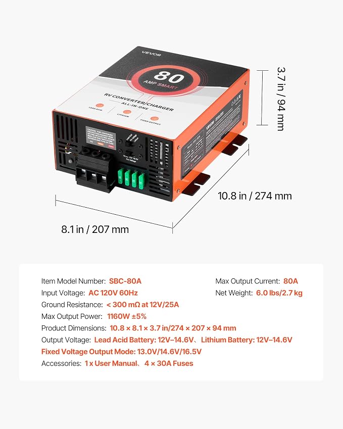 VEVOR RV Power Converter, 80 Amp, 110V AC to 12V DC RV Converter Battery Charger, Multi Stage Smart Charging, 13V to 16.5V Operating Range, Compatible with Lithium & Lead Acid Battery, for Camper