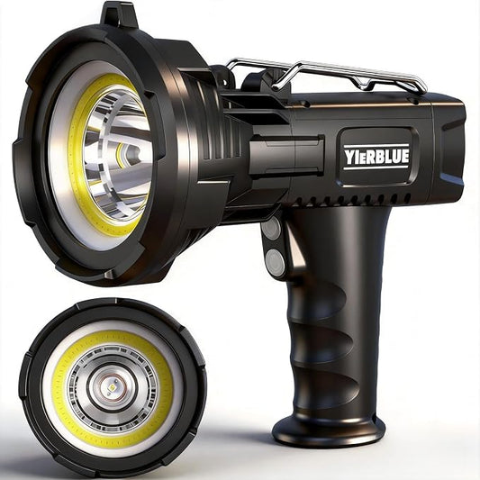 YIERBLUE Rechargeable Spotlight Floodlight Combo 2200,000 High Lumen, Super Bright IP67 Waterproof Spotlight Flashlight with COB Floodlight Runtime up to 15Hrs, with Foldable Stand and Red Lens