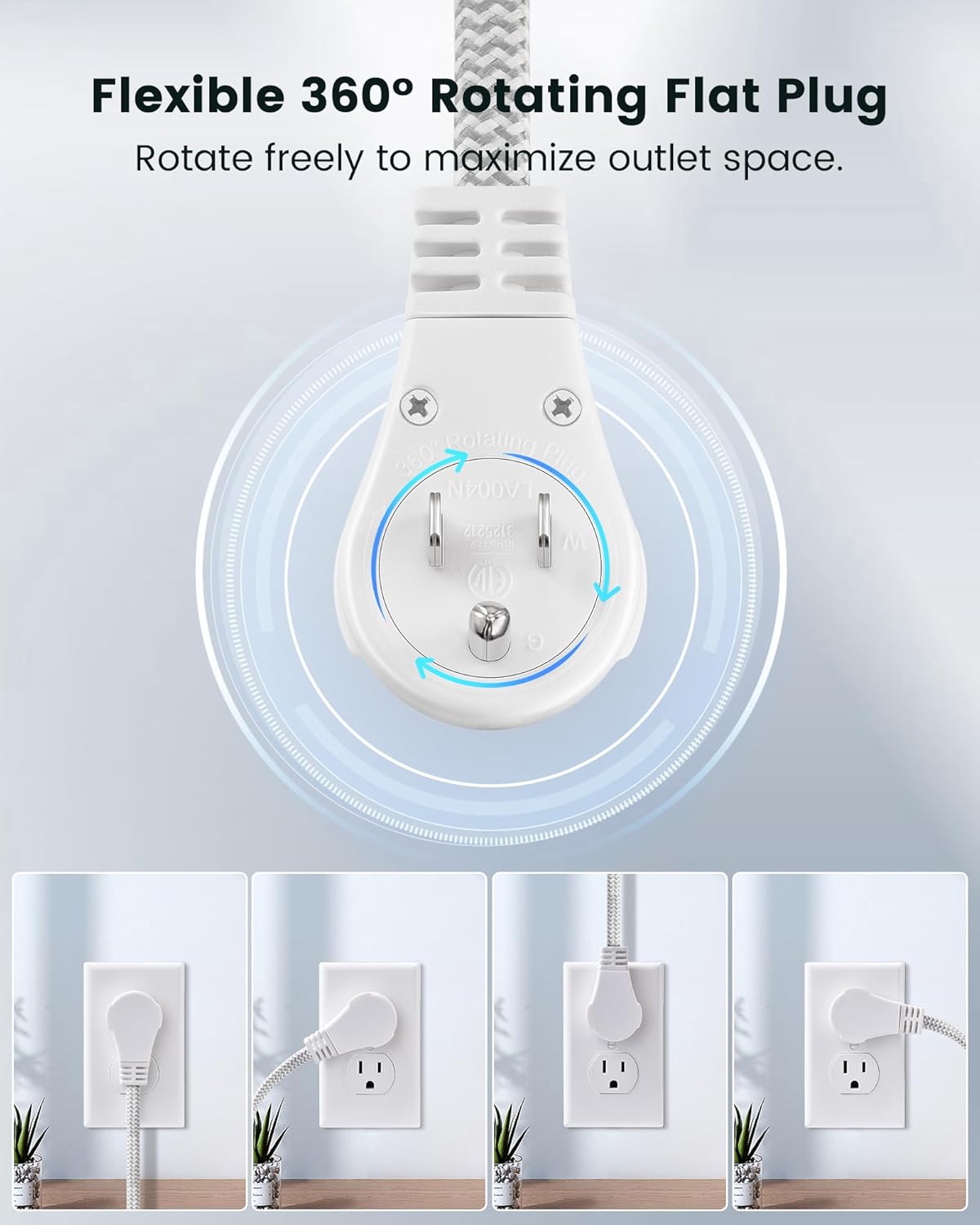 SURAIELEC 10FT 360° Rotating Flat Plug Extension Cord Flat Wall Plug with 3 Outlets, Braided Flat White Extension Cord for Indoor Use, Home, Office, 16/3C SPT, ETL Listed