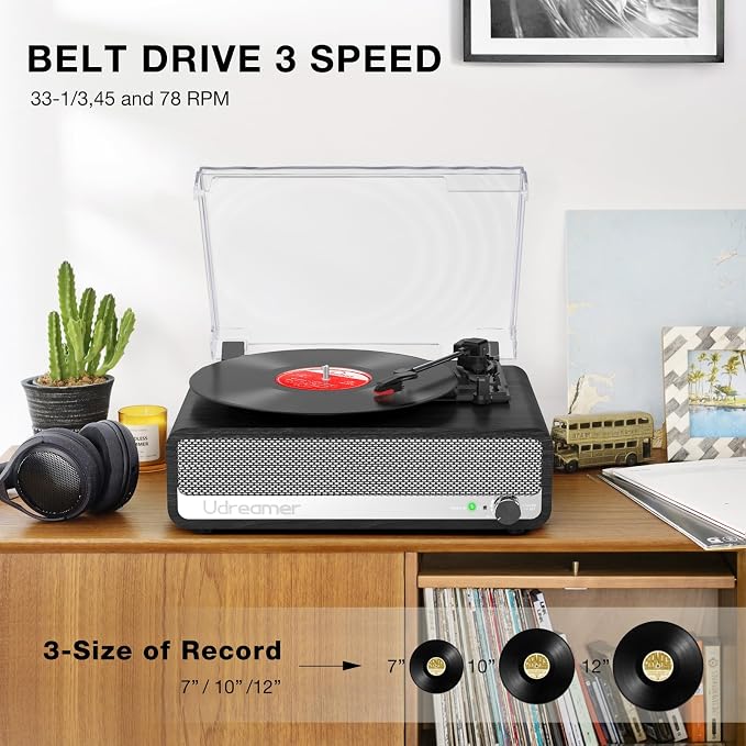 Vinyl Record Player with Built-in Speakers,3 Speed Turntable with Latest Bluetooth 5.3, AUX Input, Headphone Jack, RCA Output and Auto Stop, Mirror Vintage Wooden Black
