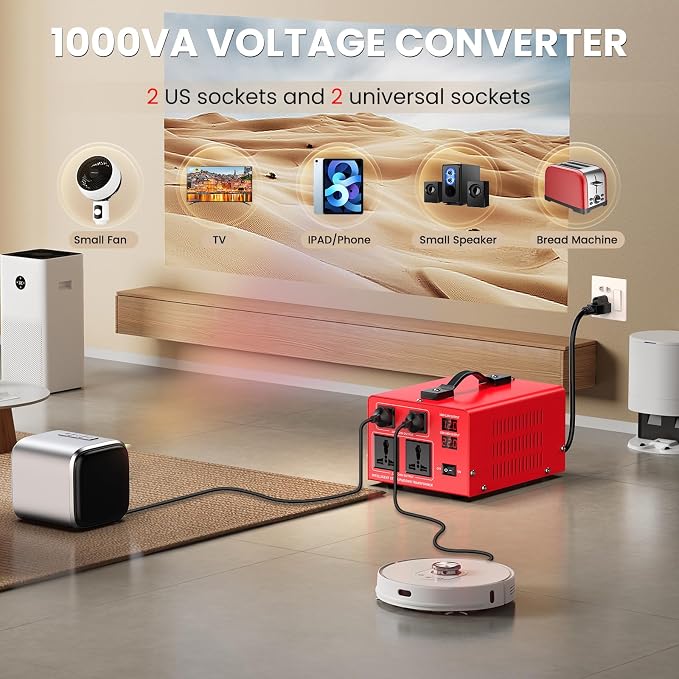 1000W Voltage Transformer Power Converter(110V to 220V, 220V to 110V) Step Up/Down Converter 110/120 Volt - 220/240 Volt w/US Power Cord, LCD Display, 2 US Outlets, 2 Universal Outlet
