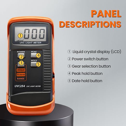 UV Light Meter Professional UV Monitors Measurable of UVA UVB & UVC Light Measure Tester with 320~390nm Range Portable UV Sunlight Tester (Model UVC254)