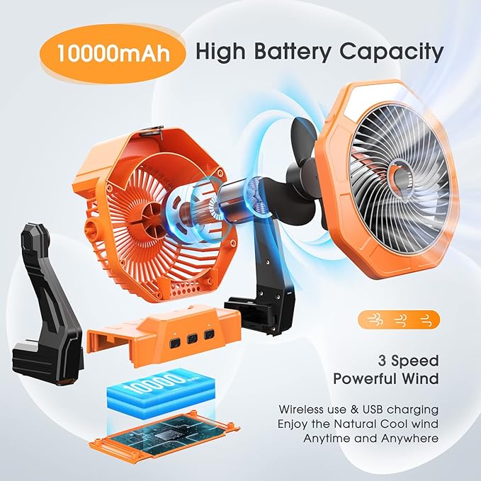 Ausic 10W Solar Fan with Mister, Misting Camping Fan with Solar Panel, Portable Outdoor Fans, 8 Inch Battery Operated Rechargeable Cooling Fans with Water Spray for Travel/Beach/Chicken Coop