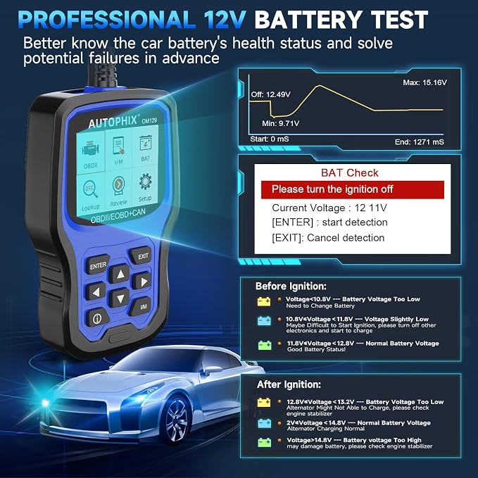 AUTOPHIX OM129P OBD2 Scanner, Check Engine Light Code Reader with Live Data, Car Scanner, Pass Smog Test and 12V Battery Test, All OBD2 Function with Code Definition & Lifetime Free Updates