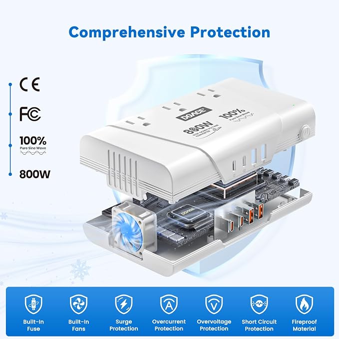 DOACE 800W Travel Adapter Voltage Converter, 220V to 110V Pure Sine Wave Step-Down Transformer for International Travel, 3 AC Outlets & 4 USB, Compatible with Phones, Hair Tools, Cameras & Laptops