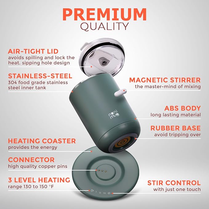 Self Stirring Coffee Mug - 10 Oz No Batteries Smart Dual Function 3 Temperature Levels Control to Stir & Heat Beverages - Powerful 12V Electric Cup in a Gift Box (Green)