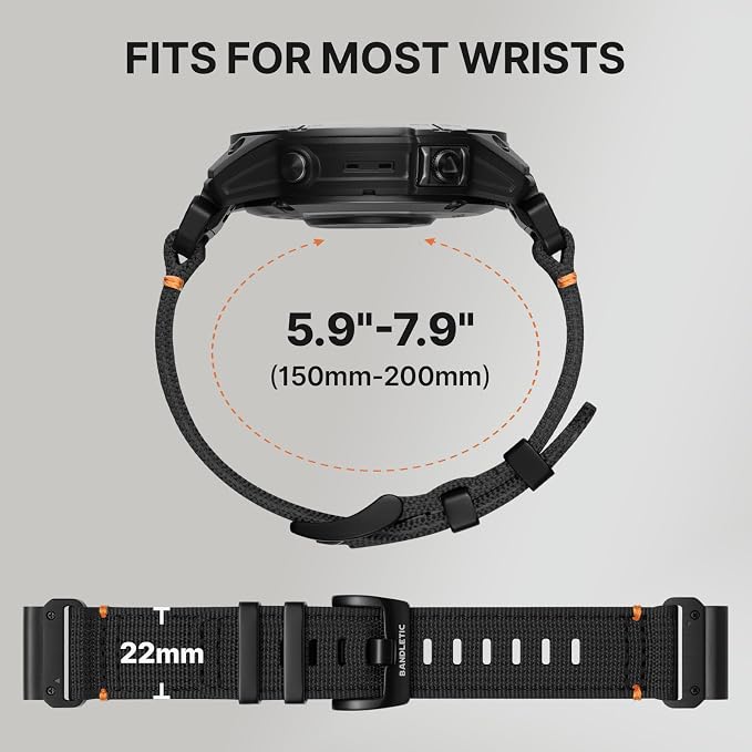 Bandletic Compatible with Garmin Fenix 8 47mm 7 6 Watch Band - 22mm Quick Fit Rugged Nylon Strap for Fenix 7 6 Pro/5 Plus/Instinct 3 E 45mm 2 /Forerunner 965/955/945 /Approach S70/S62/S60 /Epix Pro 2