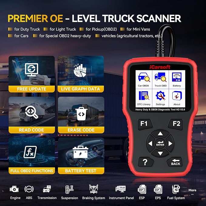 iCarsoft HD V3.0 Red Heavy Duty Truck Scanner All System Diesel Diagnostic Scan Tool for Cummins, Detroit, Freightliner, International, Paccar, Engine Code Reader for Truck & Car with Live Data