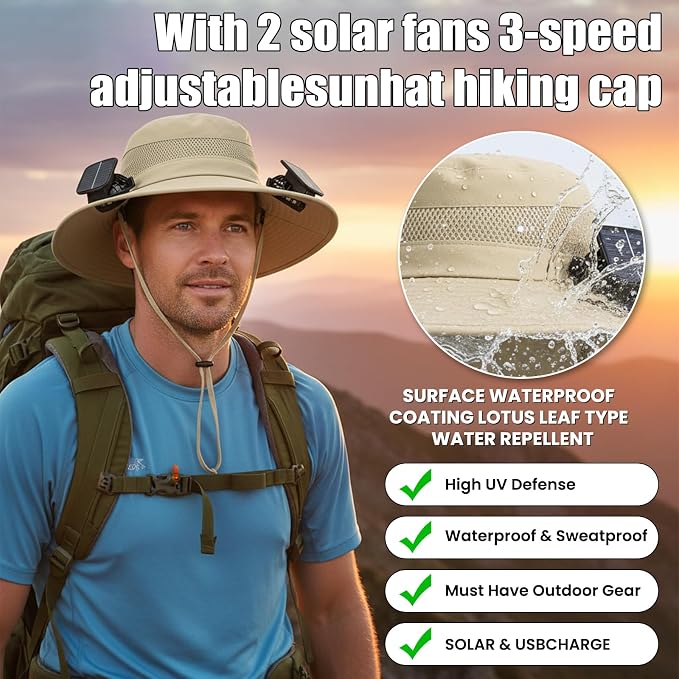 Solar Powered Fan hat with 2 USB Charging Removable Fans Wide Brim Sun Cooling in Them Sun for Adults Protection Fishing Beach Gardening with Earplugs
