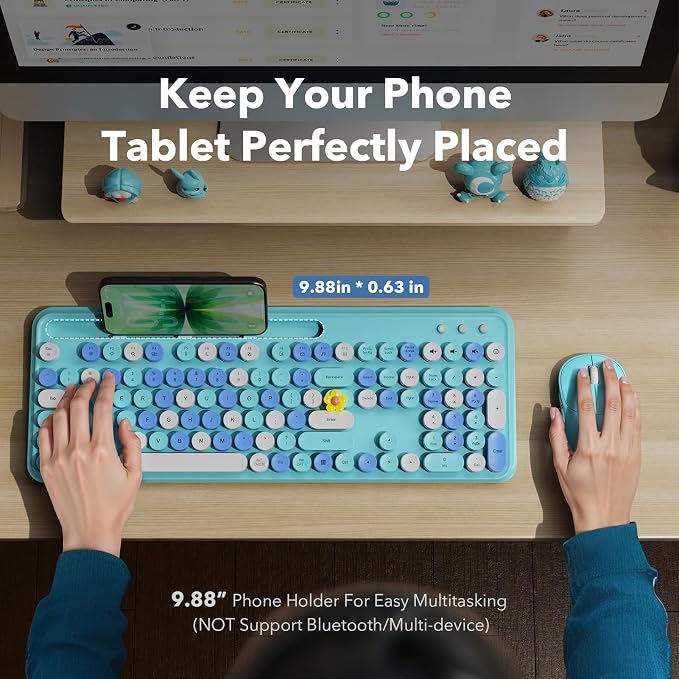 Wireless Keyboard and Mouse Combo, Retro Round Keycaps, Full-Size Cute Typewriter Keyboard with Large Phone/Tablet Holder, Auto-Sleep, 2.4GHz Cordless for Windows/PC/Laptop, Trueque CK13 (Sky Blue)