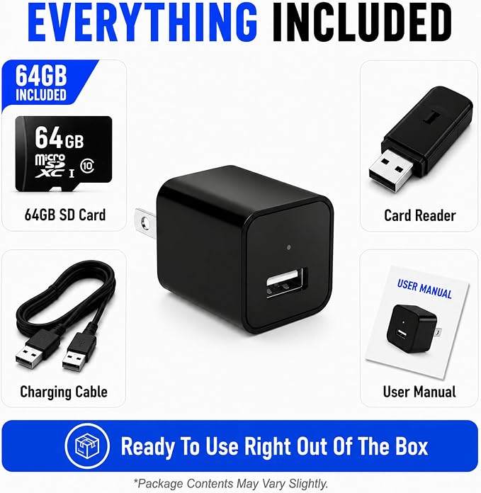 64G USB Charger Hidden Camera, 1080P Motion Detection Indoor Security Camera with SD Card Included, No WiFi/Monthly Fee, 106° Wide Angle, Local Storage Home Monitoring Device (2026 Upgraded)