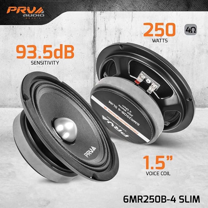 PRV AUDIO 6.5 Inch Shallow Midrange Bullet Speaker 6MR250B-4 Slim, 250 Watts 4 Ohm Car Audio Slim Speaker, Compact for Doors (Single)