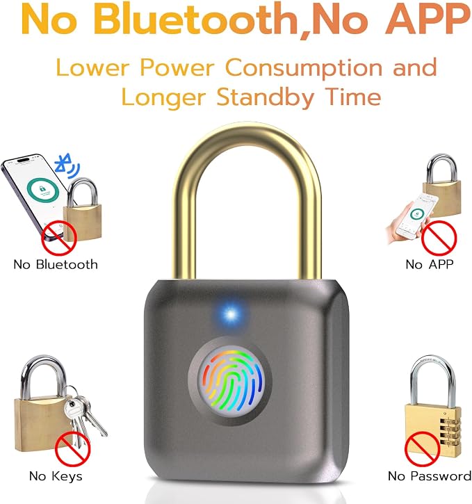 Pothunder Fingerprint Padlock, Smart Padlock, Locker Lock, Biometric Keyless Fingerprint Lock for Gym Locker, Toolbox, Locker, Door, Luggage, Backpack(Gray)