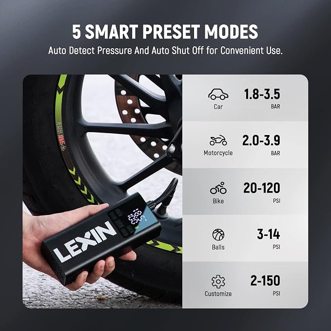 LEXIN P5 Tire Inflator Portable Air Compressor, 150PSI Electric Air Pump for Car Tires, 5000mAh Rechargeable Tire Inflator with Digital Pressure Gauge & Auto Shut-Off for Car, Motorcycle, Bike & Ball