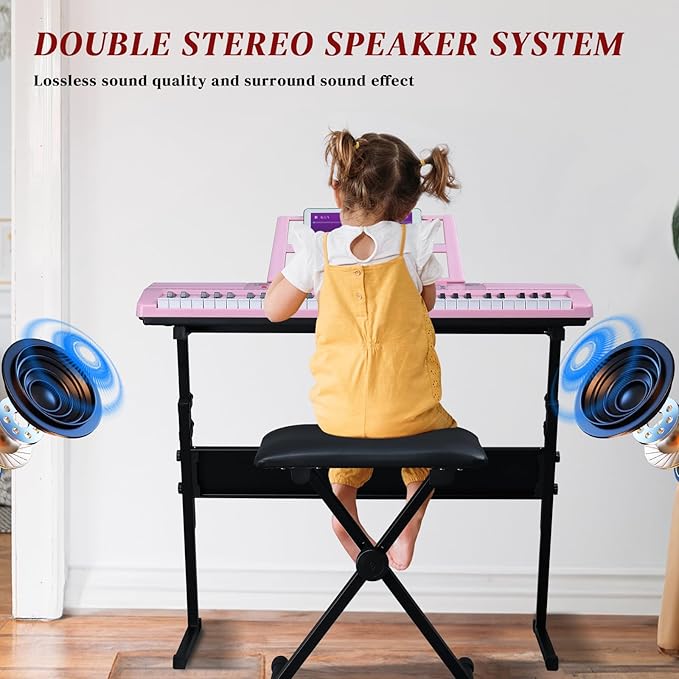 Ktaxon 61 Key Keyboard Piano Electric Keyboard w/Lighted Keys, Electric Piano Set with Headphones, Microphone, Music Rest, Power Adapter, Stand, Piano Bench and Manual (Full-Pink)