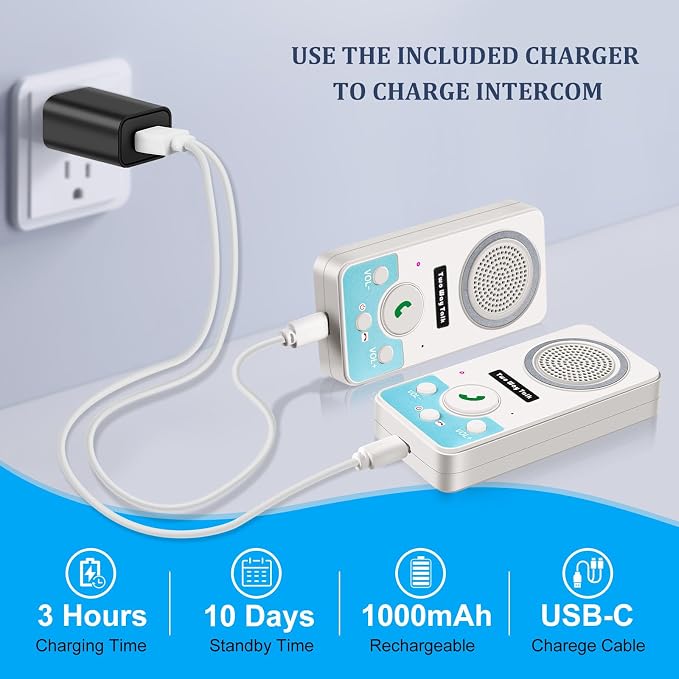 Intercoms Wireless for Home, 2 Way Audio Hands-Free Long Range Wireless Intercom System, 4 Ringtones 8 Volume Levels, Up to 10 Days Standby Intercom Syetem for House, Office, Classroom, White