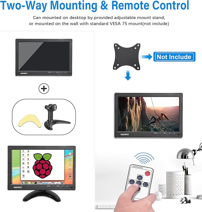 Haiway 10.1 inch Security Monitor, 1024x600 Resolution Small HDMI Monitor Small Computer Monitors with Remote Control with Built-in Dual Speakers HDMI VGA BNC Input for Gaming CCTV Raspberry Pi PC