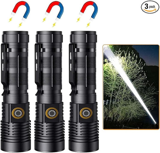 Hoxida LED Rechargeable Flashlights High Lumens - 1500 Meters Long Beam Super Bright LED Magnetic Flashlight USB Zoomable 5Modes Small Long Beam Spotlight Flashlight for Hiking, Camping, 3pcs